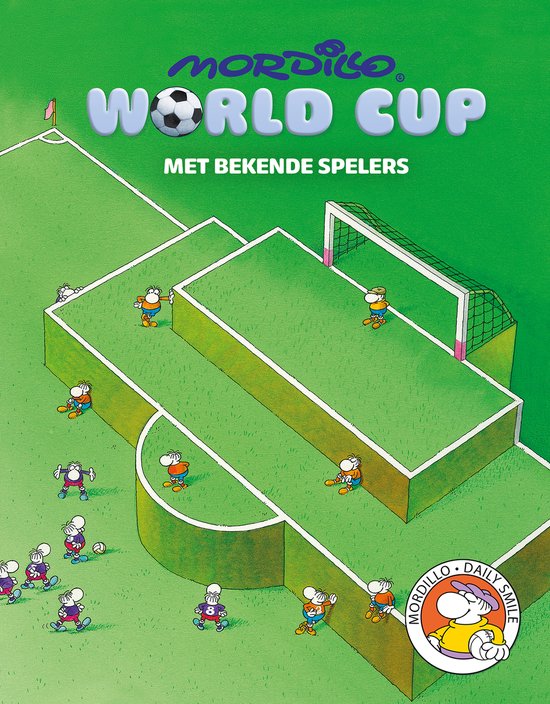 Illustration d'un terrain de football avec des personnages de Mordillo, un ballon, des buts et un arbitre.