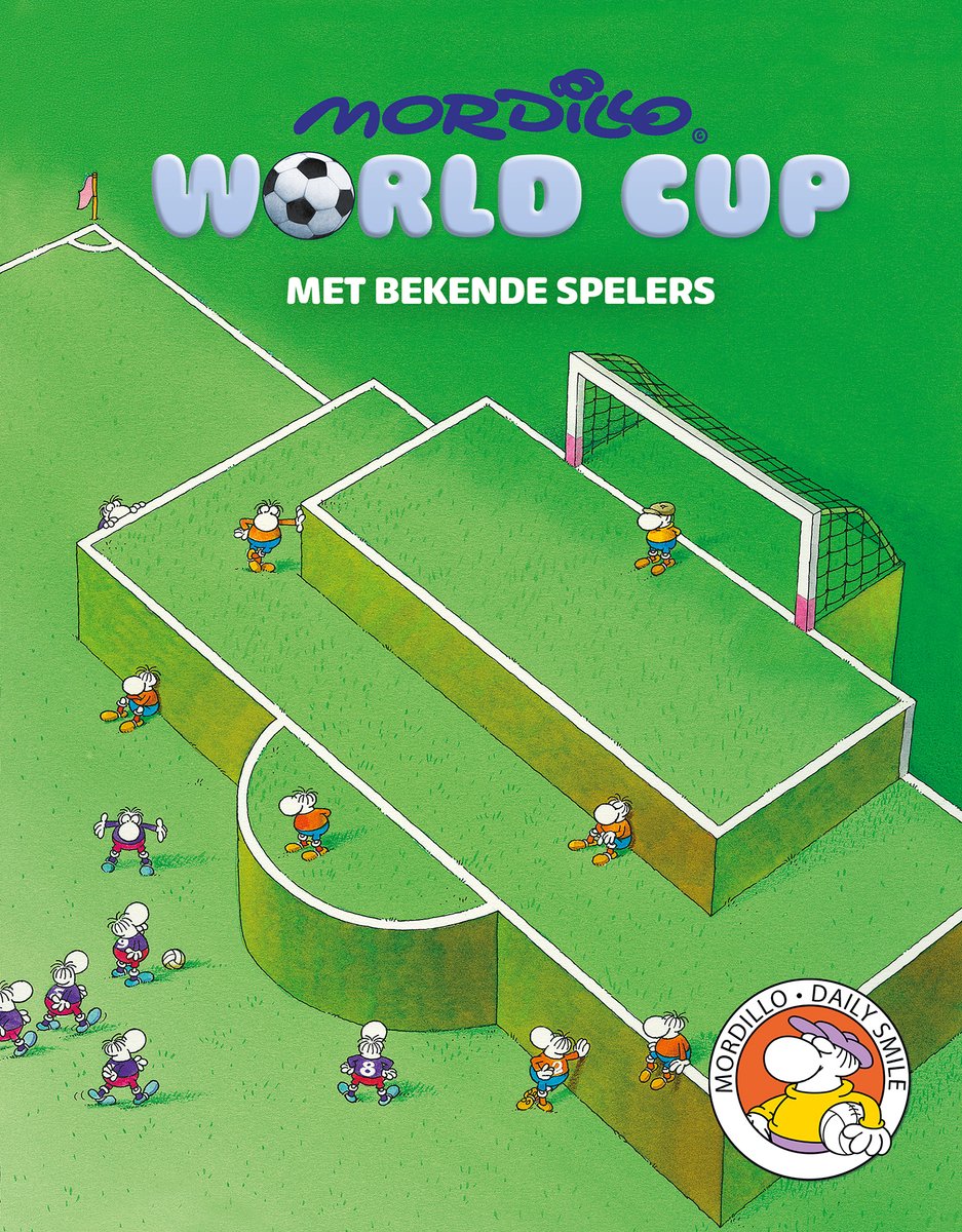 Illustration d'un terrain de football avec des personnages de Mordillo, un ballon, des buts et un arbitre.