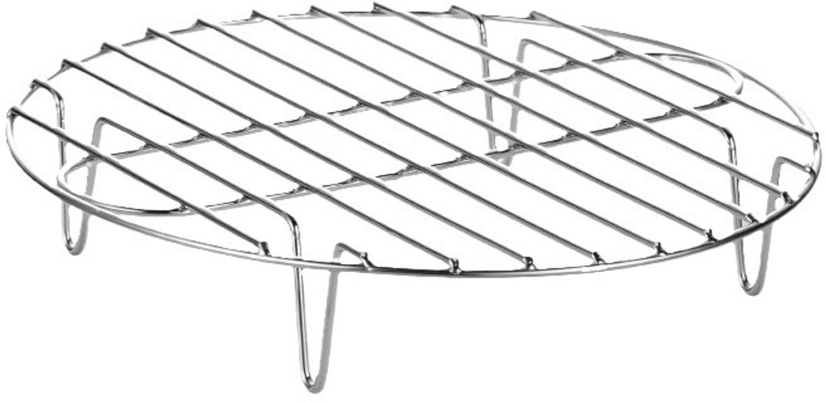 Een rond stoomrek van roestvrij staal, geschikt voor het bakken, koken, afkoelen en stomen van voedsel in de keuken en buitenshuis (zilver).
