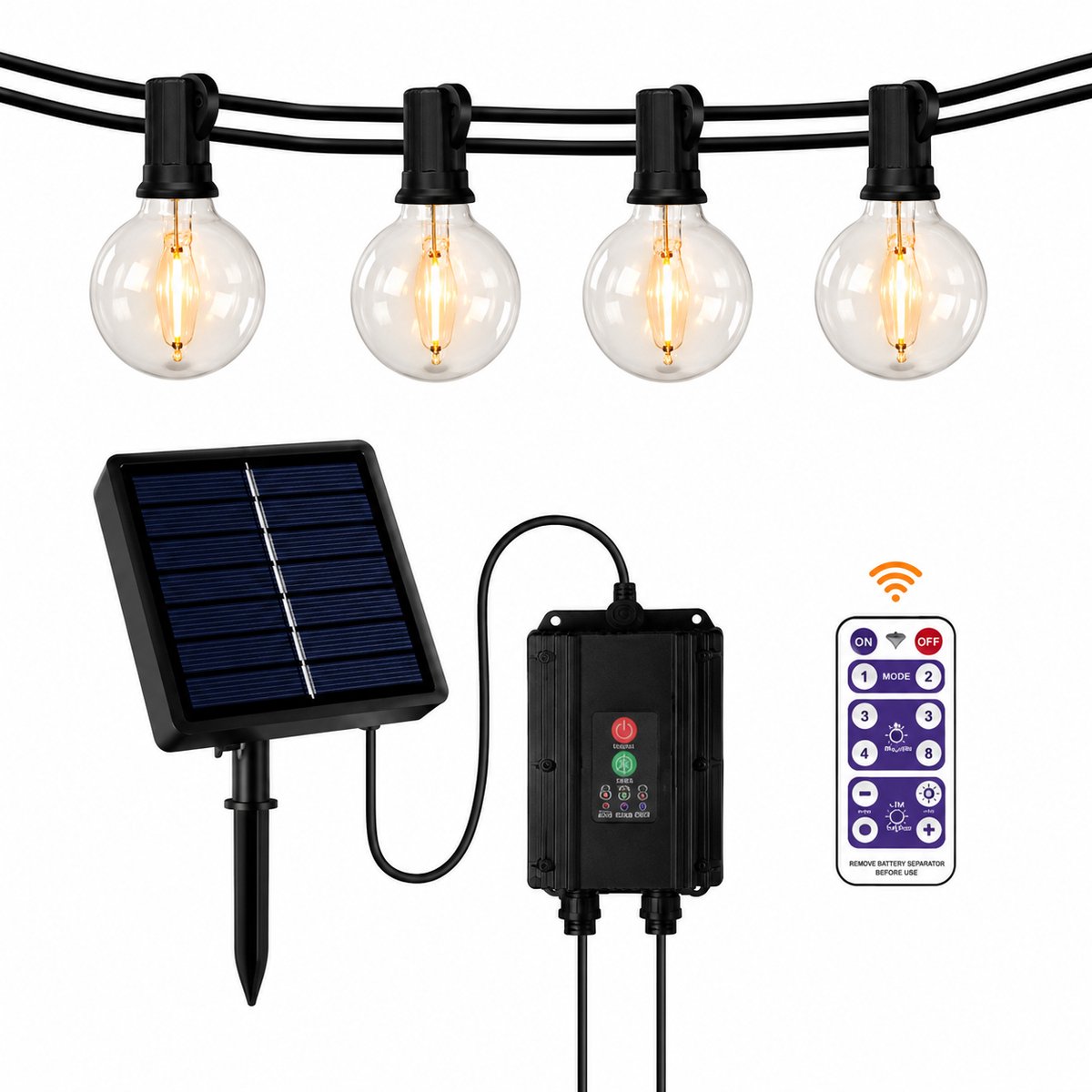 Pelor Buitenverlichting Lichtslinger 10M 21 LED G40 Bollen – Solar Tuinverlichting Terras Balkon – USB Oplaadbaar – Waterdicht IP65