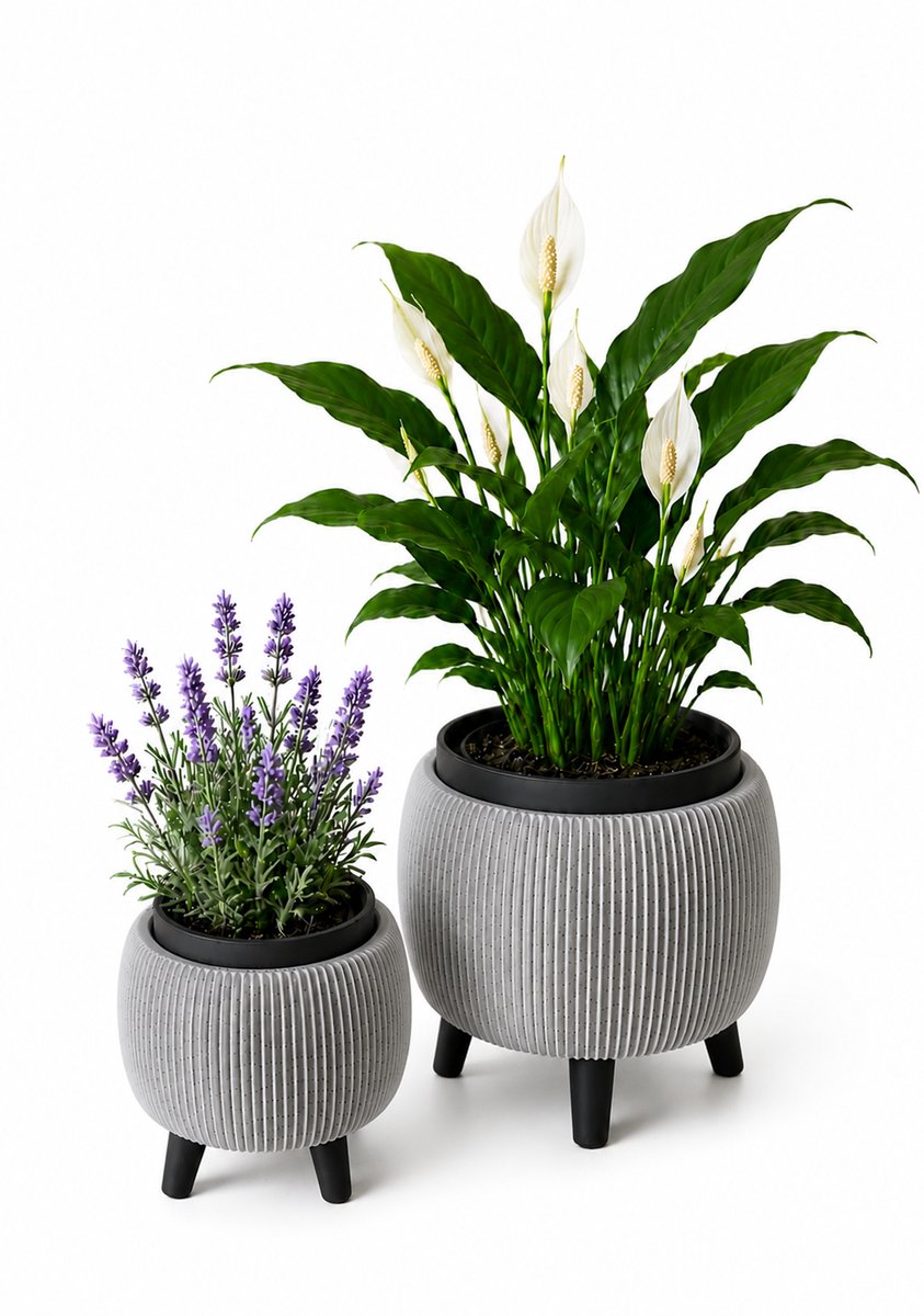 Bloempot voor Binnen - Marble grijs & Zwart - Geribbeld Design - Scandinavische Woondecoratie - Op Pootjes