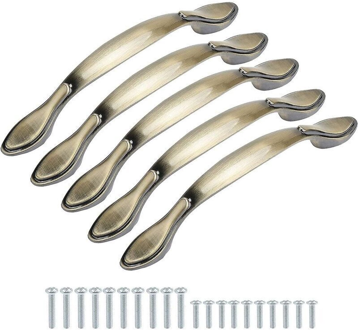 Een set van 10 gebogen meubeldeurklinken, 13 cm lang (9,7 cm diameter middengat), bronsgro