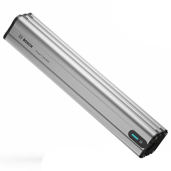 Zilverkleurige Bosch PowerTube 800 fietsaccu met laadindicatie.