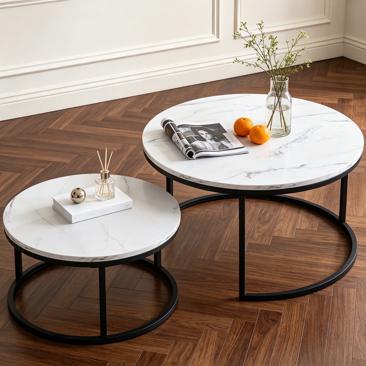 Salontafel set van 2 - ø 80/60 cm - Hoogte 45/33 cm - Bijzettafel Rond - Salon tafel Industrieel - Metalen frame Zwart - Tafelblad - Wit Marmer
