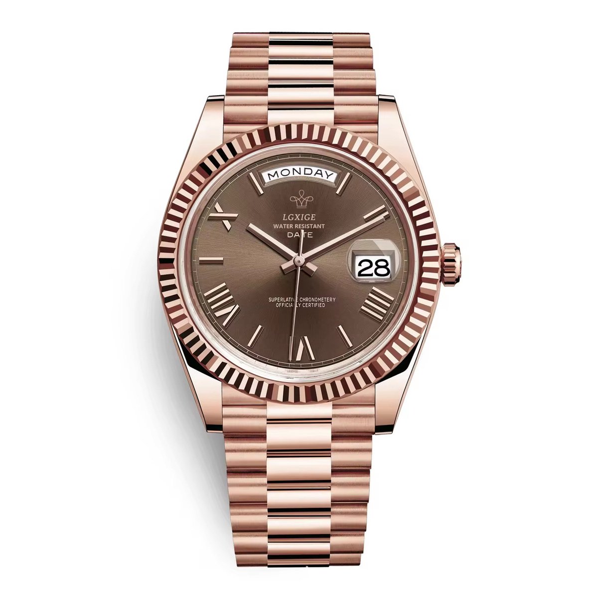 Selevie Horloge Just - Roségoude schakelband met bruin-brons wijzerplaat - Luxe Herenhorloge