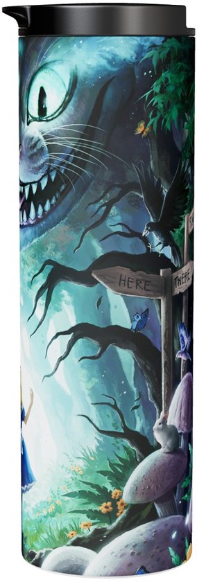 Thermosbeker met Alice in Wonderland thema, met Cheshire Cat, aanwijsborden 'HERE' en 'THERE' en paddenstoelen.