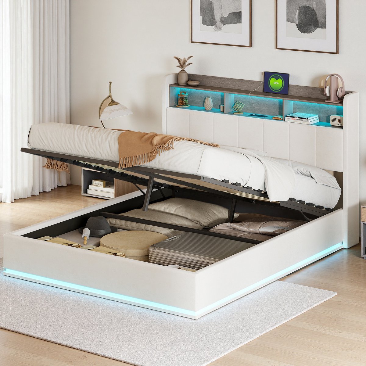 Fluwelen Gestoffeerd Bed 160x200 cm met Hydraulische Opbergruimte, LED & USB/Type-C,Opbergbed,Tweepersoonsbed met Lattenbodem,Wit,Zonder Matras