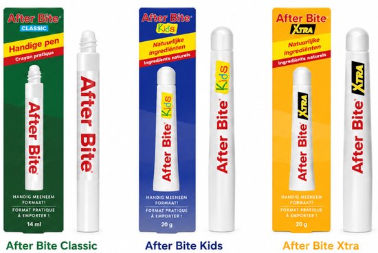 Verpakkingen en pennen van After Bite Classic, Kids en Xtra. De pennen zijn wit met rode, blauwe of gele tekst. De dozen zijn groen, blauw en geel.