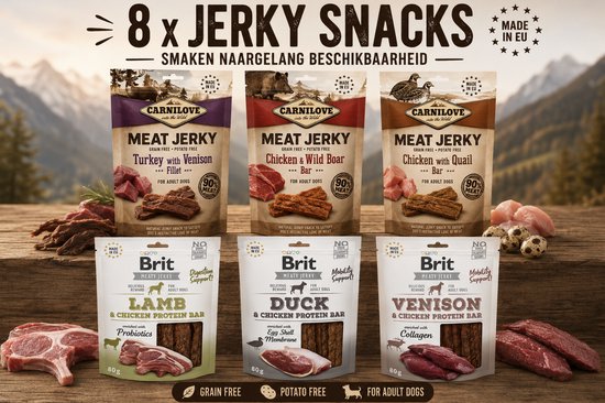 Carnilove Meat Jerky: Turkey with Venison, Chicken & Wild Boar, Chicken with Quail. Brit Meat Jerky: Lamb & Chicken Protein Bar, Duck & Chicken Protein Bar, Venison & Chicken Protein Bar. Grain-free, potato-free, for adult dogs.