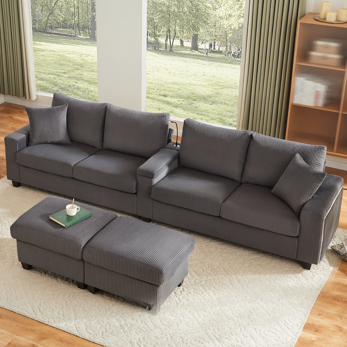 Wishdor - U-Vormige Bank - Met 2 Hockers En USB-C - Modern - Voor Woonkamer - Ribstof - Grijs - 334 x 128,5 x 81 cm