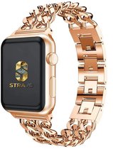 Rosé gouden Apple Watch met een dik schakelbandje, met logo op scherm.