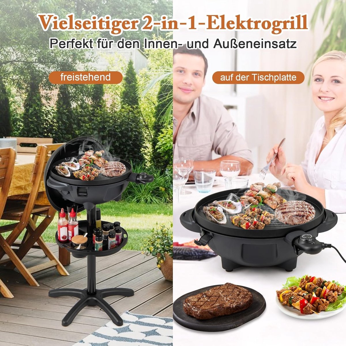 2-in-1 Elektrische Balkon Barbecue Grill met Standaard – 63x63x100 cm – 1900 cm² 2-Zone Grillplaat met Antiaanbaklaag, Instelbare Temperatuur 180–270°C, Vetopvangbak en Kruidenrek – Indoor & Outdoor BBQ Grill