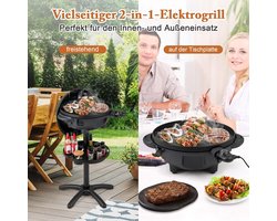 2-in-1 Elektrische Balkon Barbecue Grill met Standaard – 63x63x100 cm – 1900 cm² 2-Zone Grillplaat met Antiaanbaklaag, Instelbare Temperatuur 180–270°C, Vetopvangbak en Kruidenrek – Indoor & Outdoor BBQ Grill