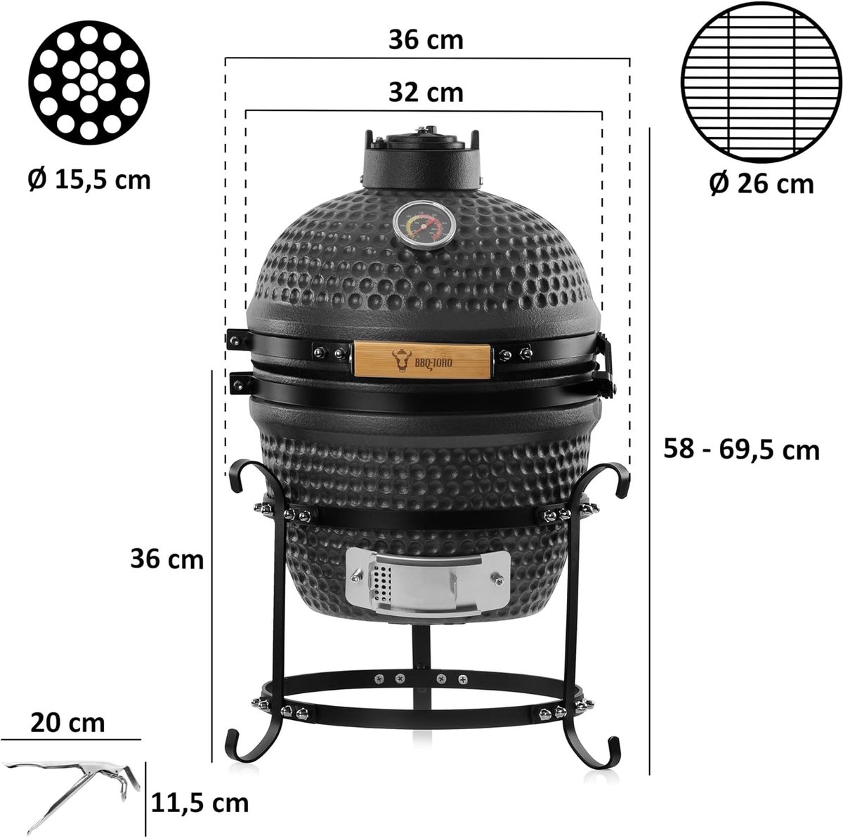 Premium Mini Kamado Keramische BBQ Grill 32 cm met Thermometer & Houten Handgreep – Houtskool Outdoor Smoker, Grill & Pizza Oven Mat Grijs – 43 x 36 x 58 cm