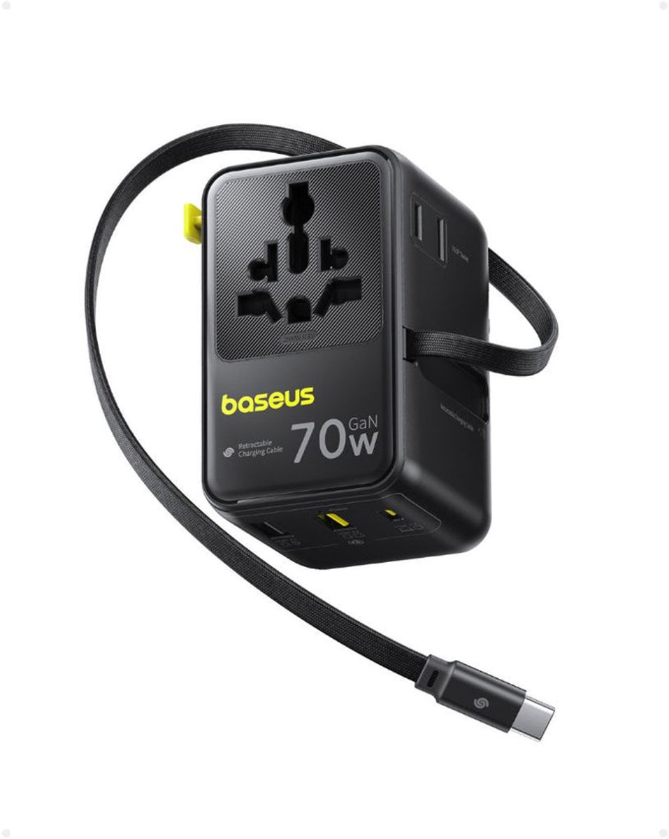 Baseus EnerCore CG11 Reis Converter Plug 2AC+2U+1C+Retractabele Kabel C 70W Zwart