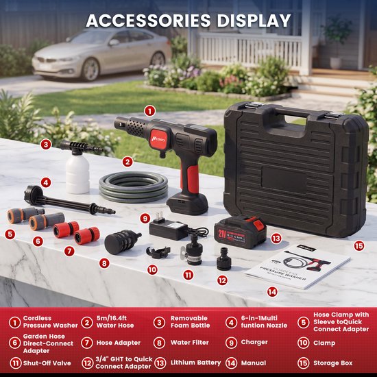 Hcalory Draadloze Hogedrukreiniger 140 Bar - Borstelloze 230W Motor - 2x 4,0Ah Accu met LCD Display - 7-in-1 Spuitmond & Kraanaansluiting - Ideaal voor Auto, Terras & Gevel van hcalory — afbeelding 3