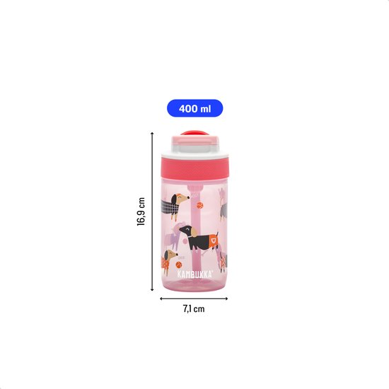 Bouteille Kambukka rose avec imprimé de chiens. Dimensions: 16,9 cm de haut, 7,1 cm de large. Capacité 400ml.