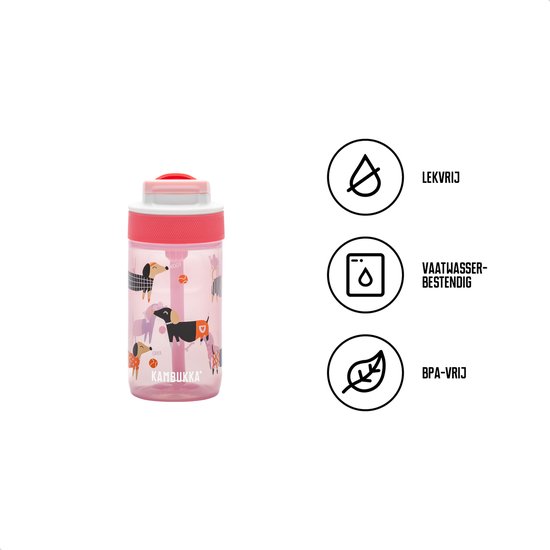 Bouteille Kambukka rose avec imprimé de chiens. Caractéristiques: anti-fuite, lavable au lave-vaisselle, sans BPA.