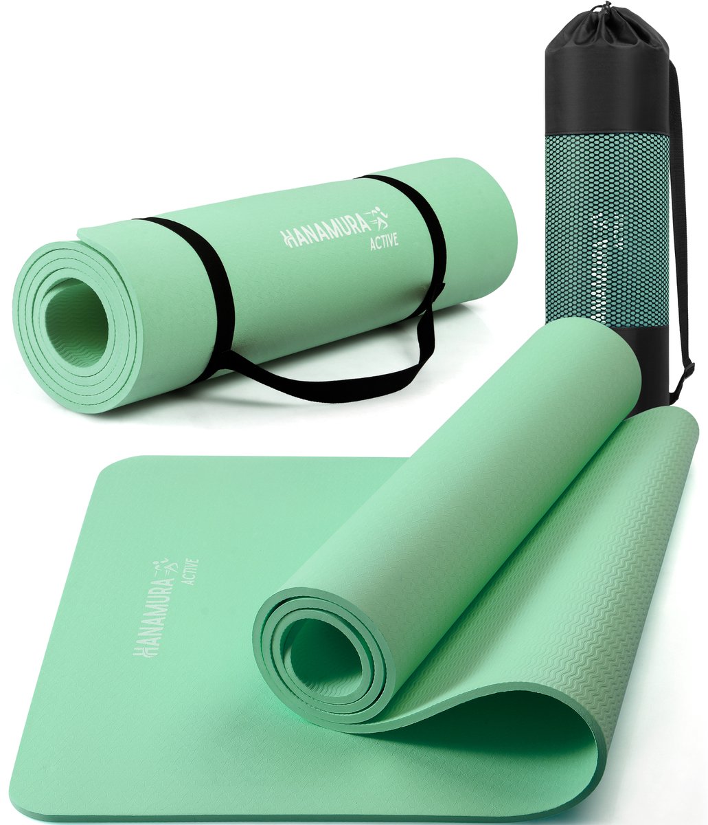 Hanamura Active Yoga Mat - Inclusief draagbare Opbergtas & strap - Fitnessmat van TPE Materiaal - Milieuvriendelijke Fitness Mat - 183x61 - Pilates Mat van 8 mm dik - Mintgroen