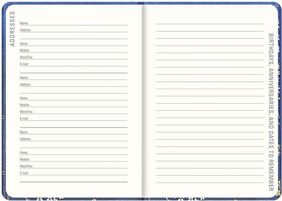 Agenda met adressenlijsten en een sectie voor verjaardagen, jubilea en datums om te onthouden.
