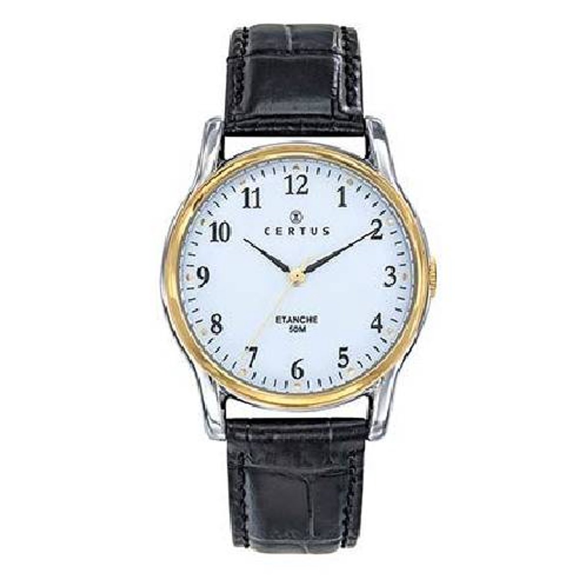 Certus-model 611313-Herenhorloge-Bicolor-50 m waterdicht-zwart leder-diameter 35mm-duidelijke wijzerplaat-gemaakt in Frankrijk
