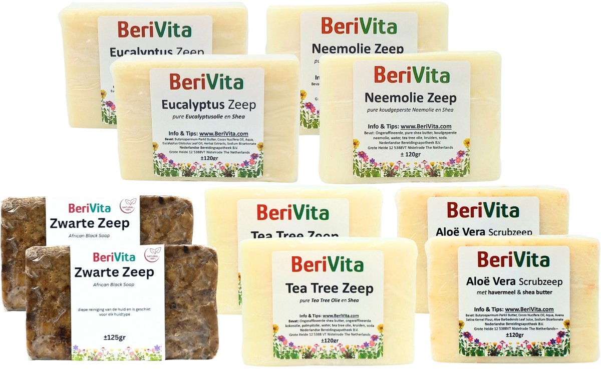 30x Natuurlijke Zepen Pakket - Zeeptabletten - 5x Zwarte Zeep 125gr, 5x Aloë Vera Havermout Scrubzeep 120gr, 5x Neemolie Zeep 120gr, 5x Tea Tree Zeep 120gr, 5x Eucalyptus Zeep 120gr en 5x Honing Havermout Scrubzeep 120gr