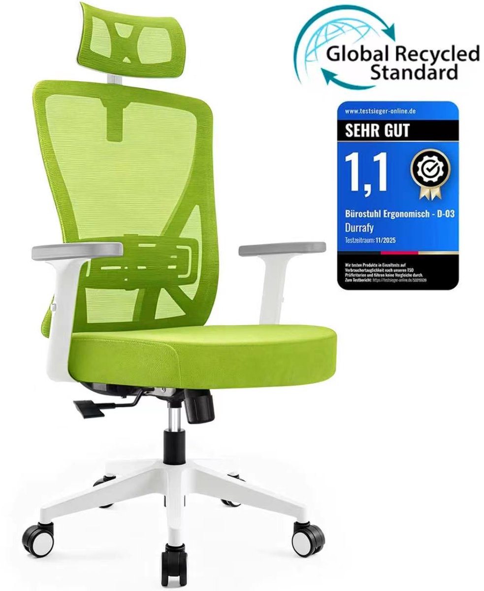 Durrafy® Ergonomische Bureaustoel - Bureaustoel - Office Chair - Bureaustoelen voor Volwassenen met Verstelbare Armleuningen & Hoofdsteun - Verstelbare Lendensteun (±6 cm) - Computerstoel met 90°-135° Kantelbare Rugleuning - Max. 155 kg - groen