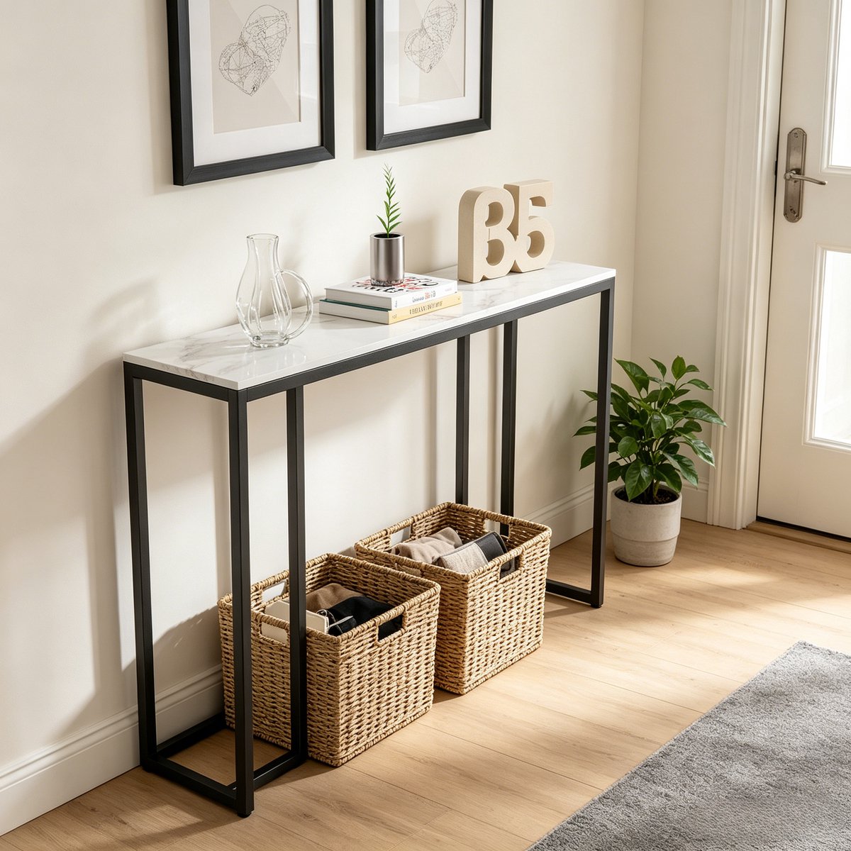 FATIVO Consoletafel marmerlook- Haltafel - Wandtafel - Metalen frame - Wit met fijne aders - 100 × 30 × 78.5 cm - Voor Hal, Woonkamer