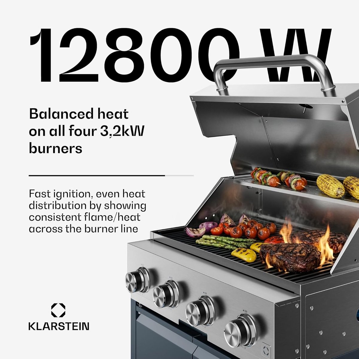 Premium 4-Pits Gasbarbecue Buitenkeuken 12.800W met RVS Werkblad, Gietijzeren Grillroosters & Thermometer – Outdoor BBQ Grill 65,6 x 67,4 x 121 cm