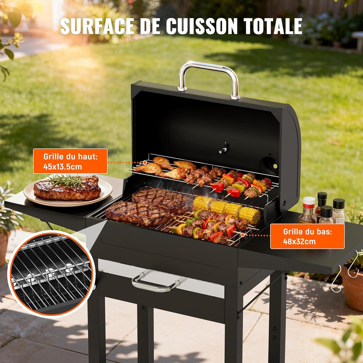 XL Smoker Houtskool BBQ Grillwagen met Thermometer, Dubbel Grillrooster, Zijtafel & Wielen 110 x 48 x 103 cm