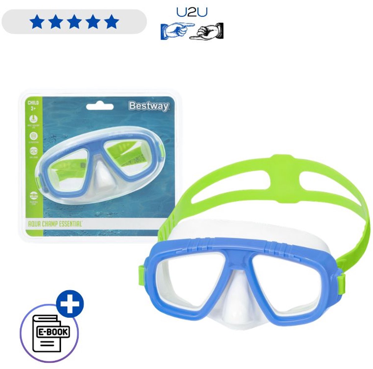 Bestway Zwemmasker 22011 Blauw - Kinder Swimming Mask Met Breed Zicht En UV Bescherming - Comfortabel Duikmasker Voor Zwembad Strand En Watersport Vanaf 3 Jaar Met Ebook