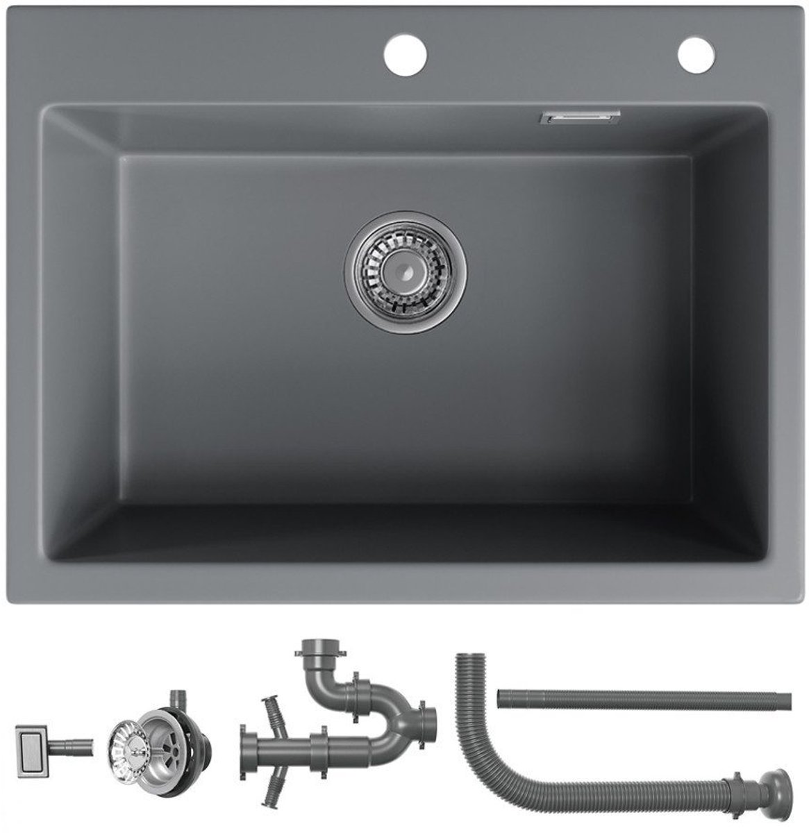 HOROW Spoelbak Keuken Graniet Grijs 60×45 cm - Gootsteen - Keukenspoelbak - Opbouw Wasbak Keuken- Overloop en Sifon