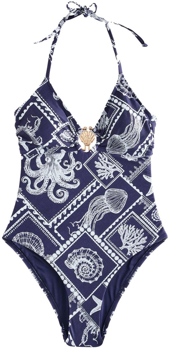Next - Dames - Diepuitgesneden badpak met halterhals - Blauw