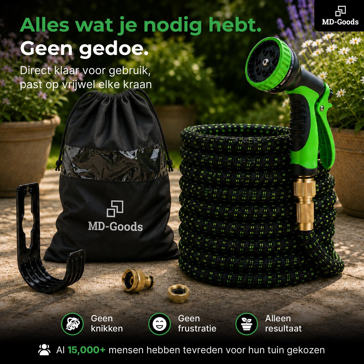 MD-Goods Flexibele Tuinslang tot 30 Meter + Sproeikop, opbergtas en koppelstukken - uitrekbare Waterslang - Zwart/Groen thumbnail 8