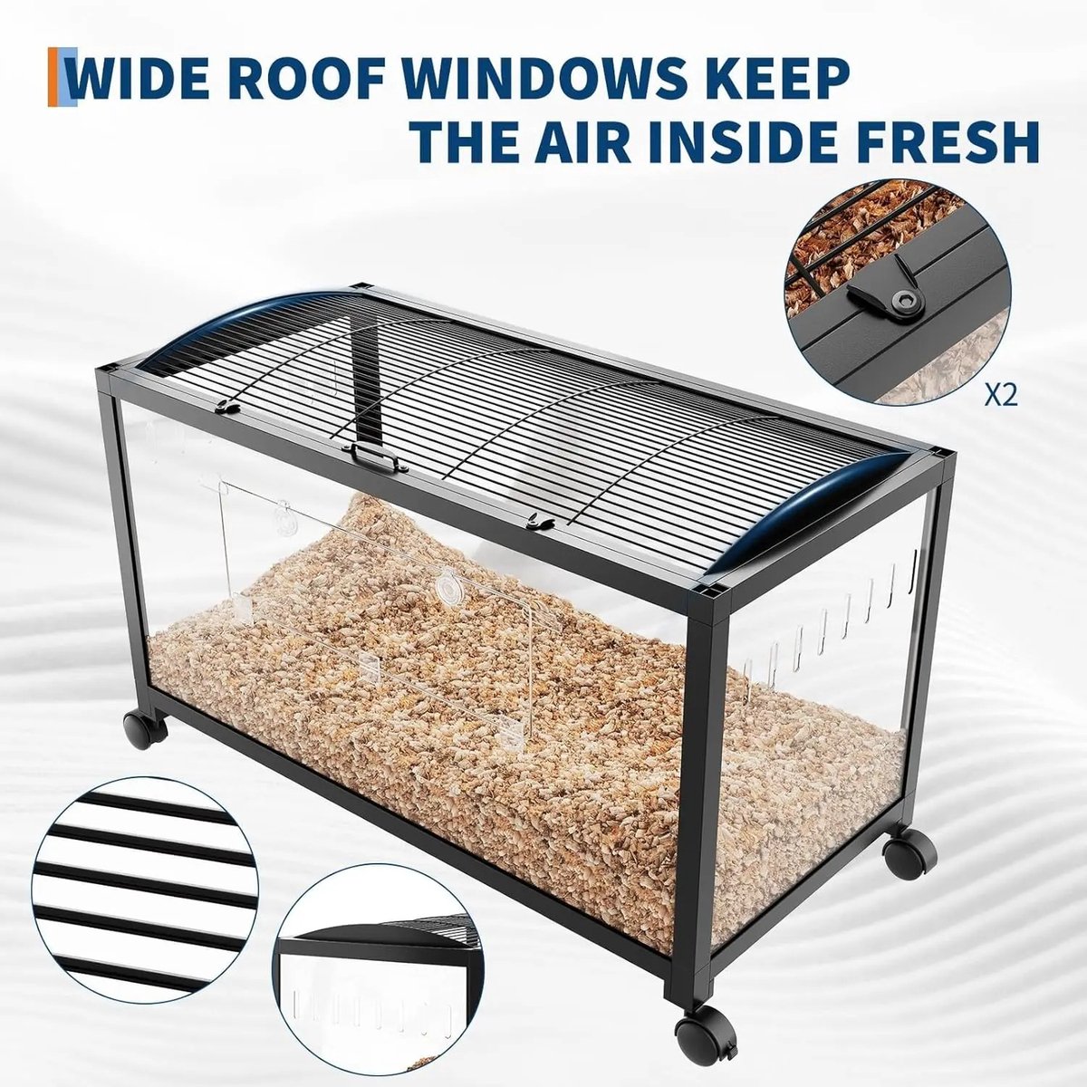 Archi Hamsterkooi met accessoires – Dierenverblijf - Loopwiel, drinkfles & voerbak – Met ventilatie en wielen – 96 × 47 × 51 cm