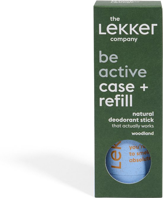 De Lekker Company Be Active case + refill met een blauwe deodorantstick, en groene tekst.