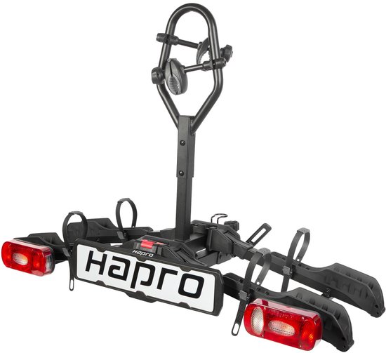 Zwarte Hapro Atlas Smartfold 2 fietsendrager met fietsarmen, rode achterlichten en logo.