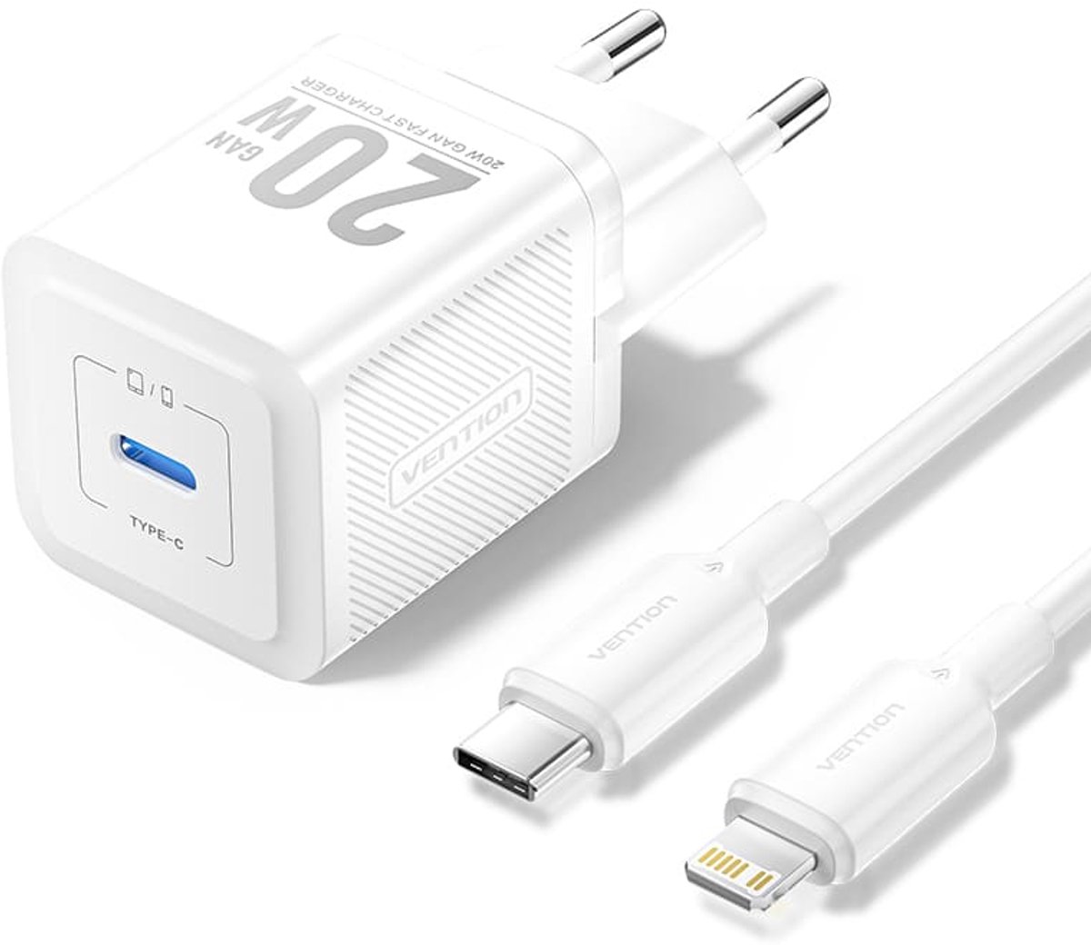 Vention 1-Port USB-C Gan Charger 20W with USB-C to Lighting Cable 1M EU-Plug White