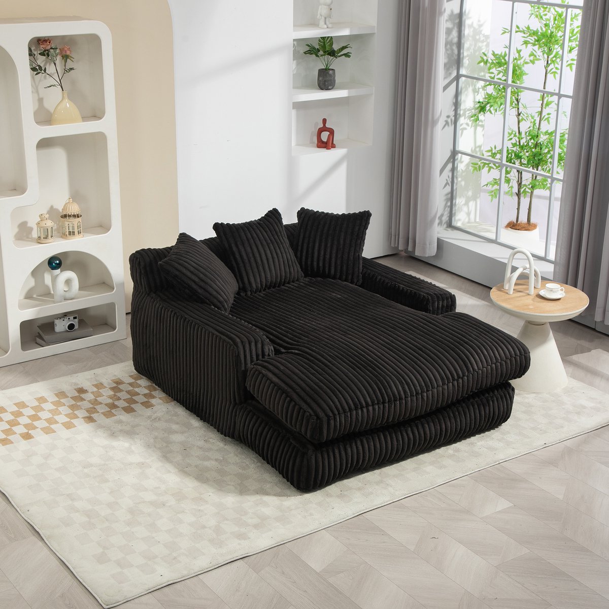 HAUSS SPOLE Sofa - Chaiselongue Loungebank - 1-Zits Relaxfauteuil - Met 3 Rugkussens - 125x155x63 Cm - Voor Woonkamer En Kantoor - Cordstof Zwart