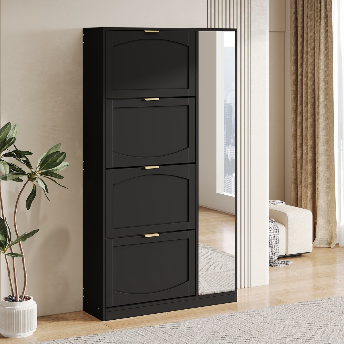 HAUSS SPOLE Schoenenkast - Spiegeldeuren En 4 Klepvakken - Verstelbare Plank Voor Hal - Spaanplaat - 80x24x147 Cm - Zwart