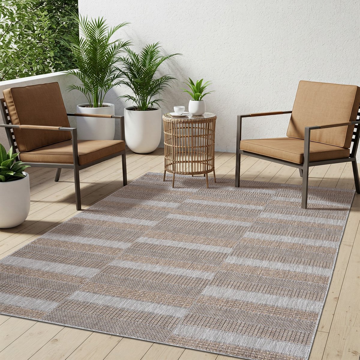 Tapiso Melissa Buitenkleed Buitentapijt Lichtgrijs Bruin Vloerkleed Binnen Buiten Kleed Ta