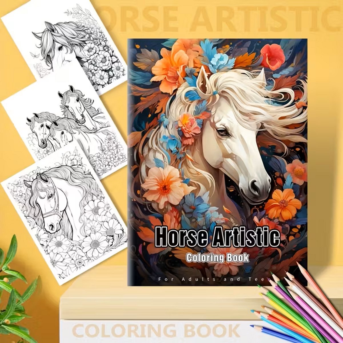 Kleurboek voor Volwassenen, Tieners en Kinderen - Paarden met Bloemen - 24 Pagina’s - Ontspannende Hobby met Gedetailleerde Illustraties - Ideaal voor Paardenliefhebbers - Stressverlagend Tekenen & Kleurboek