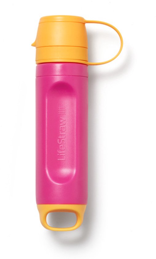 LifeStraw waterfilter met een roze huls en een oranje dop. De dop is gesloten en bevat een lus.