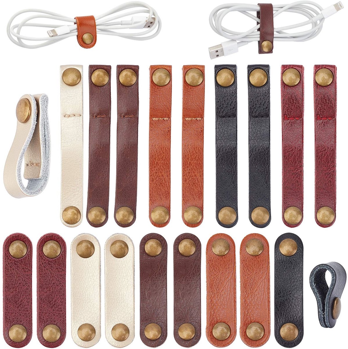 Solidchoice - Dailygoody - Lederen Kabelbinders - Kabelorganisatoren - Herbruikbaar en Duurzaam - 20 Stuks - USB en Koptelefoon Kabelbeheer - 5 Kleuren