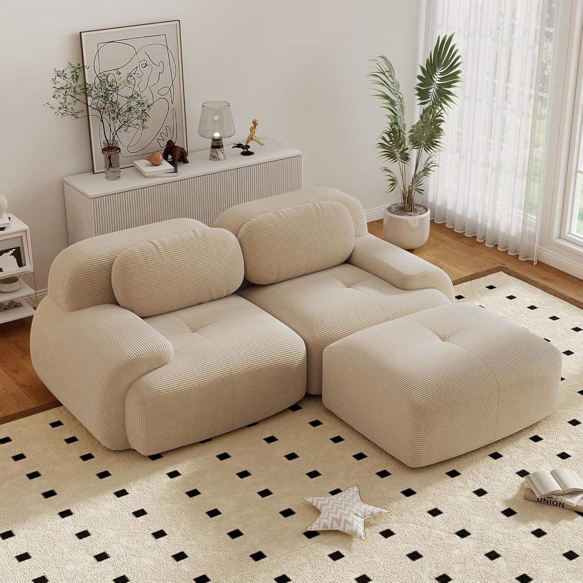 Zubaliya Moderne Hoekbank, L-Bank, 2-Zitsbank, Moderne 208 cm Brede, Converteerbare Hoekbank met Voetenbank, L-vormige Modulaire Corduroy Bank, Compacte Bank voor 2-4 Personen voor de Woonkamer, Extra Diepe Zitting, Geen Montage Nodig-Beige