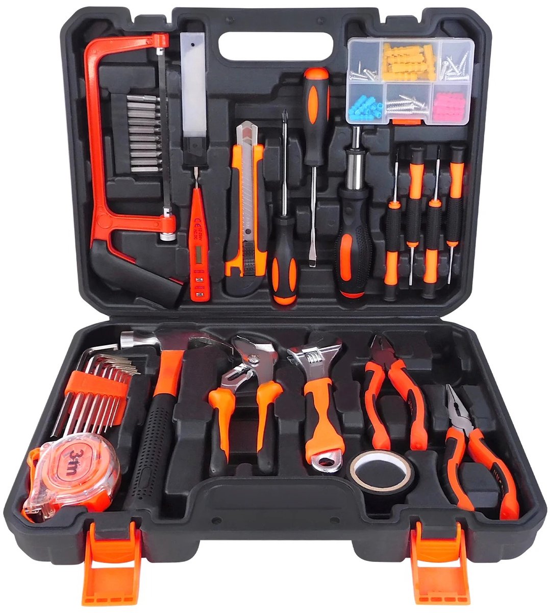 Hutjemutje - 102-delige gereedschapskist- Toolbox - draagbare gereedschapskoffer - gereedschapset - schroevendraaierset - handgereedschap - 37,5 x 28 x 8 cm - zwart - oranje