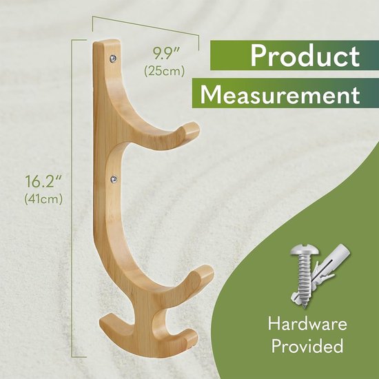 Yogamathouder Hout - Mattenrek Wand - Fitness Organiseren - Met 4 Haken - 41 x 33 cm - Natuurlijk Hout — afbeelding 2