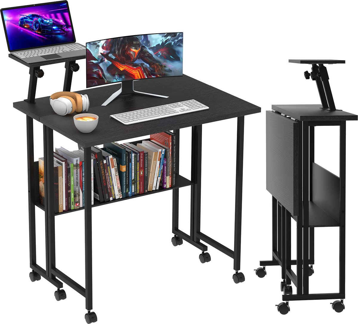 PIPIPOXER-Opklapbaar bureau, computerbureau op wielen met opbergvak, opklapbare tafels voor thuiskantoor, slaapkamer, woonkamer, 58x80x75cm, Zwart