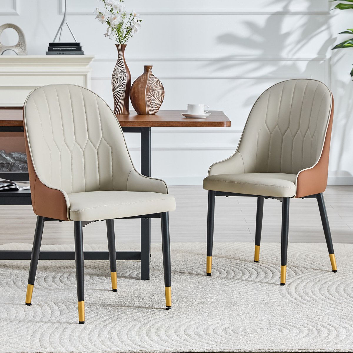 Eetkamerstoelen - Set Van 2 - Waterdicht - Gestoffeerde eetkamerstoel - Eetkamerstoel - Met rugleuning - Eettafelstoel - Eetkamerstoelen - Stoel - Moderne stijl - Bruin, zwart