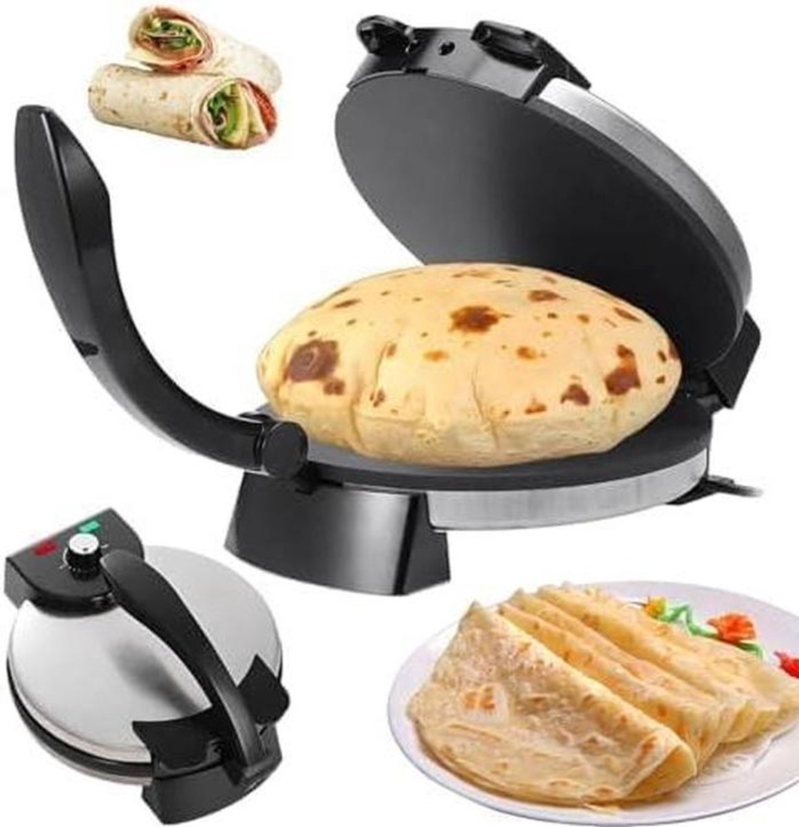 Elektrische Tortillapers - Roti Maker - Thuis Koken - Dubbelzijdig Antiaanbak - 30 cm - Zwart